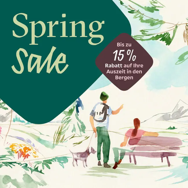 HENRI Spring Sale Illustration shows a man and a woman with a dog in the mountains