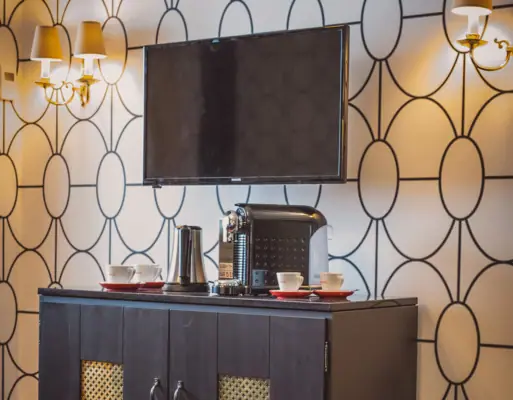 A television on a cabinet