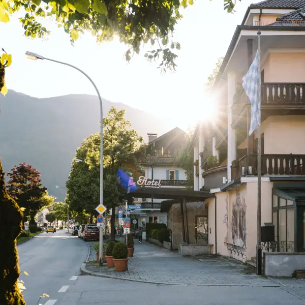 A street with buildings and trees outdoors.