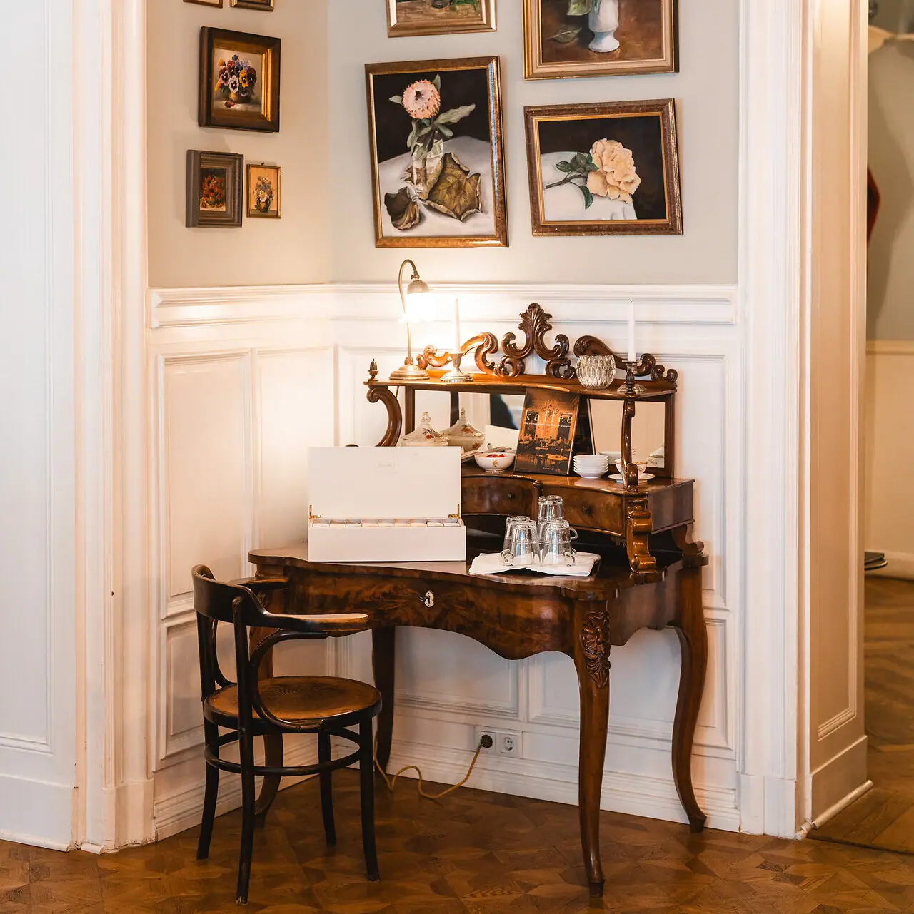 Desk and chair in one room.