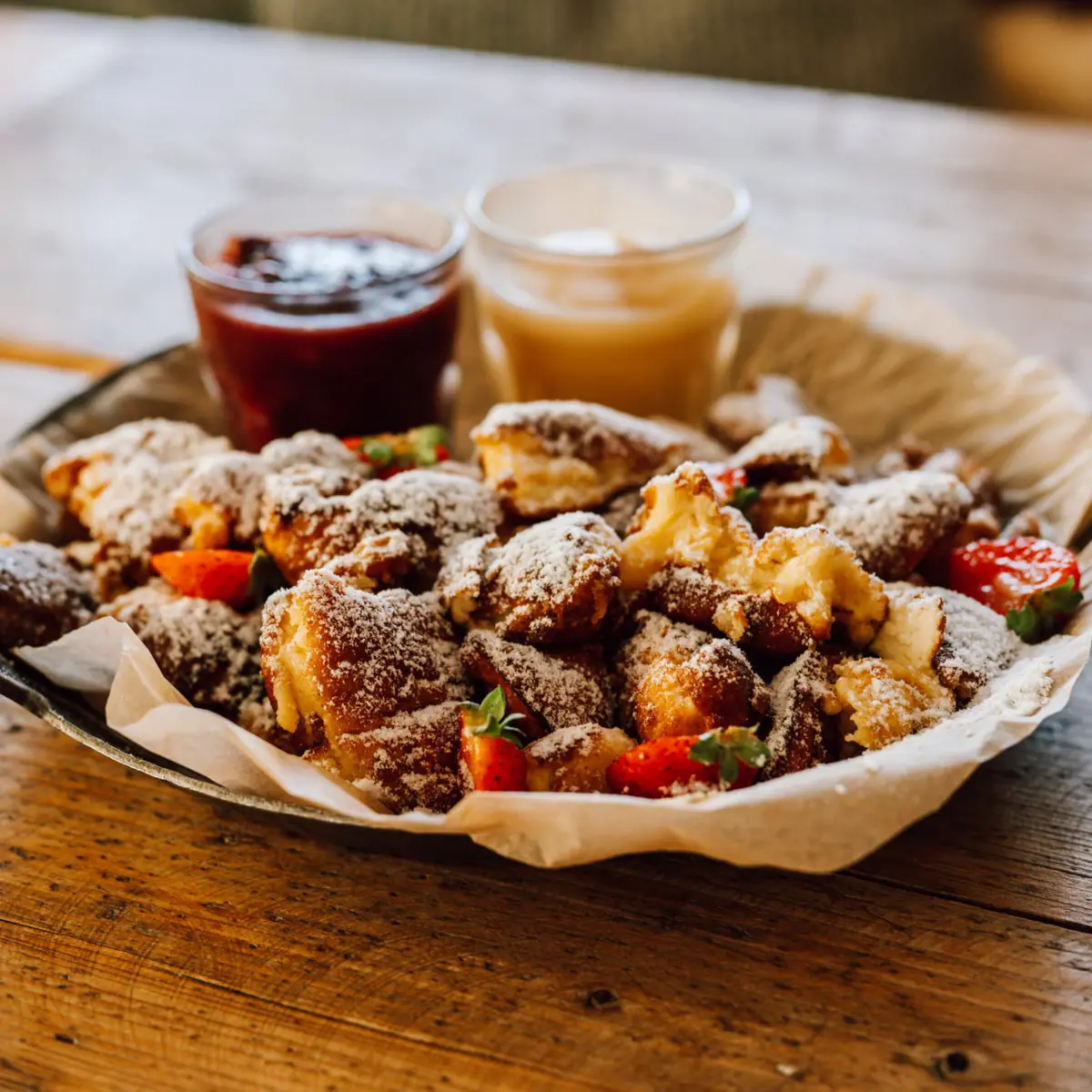 A plate of food and two jars of jam.