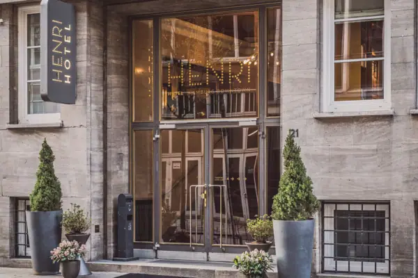 A building with glass doors and windows.