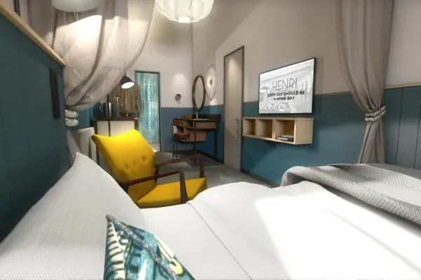 A room with a yellow chair and a television.