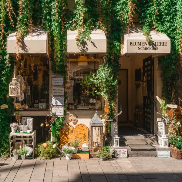 The façade of a shop with plants growing up the side of it