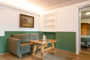 A sofa and a coffee table in one room.
