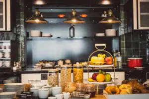 Food on a kitchen countertop indoors.