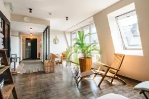 A room with deckchairs and a plant.