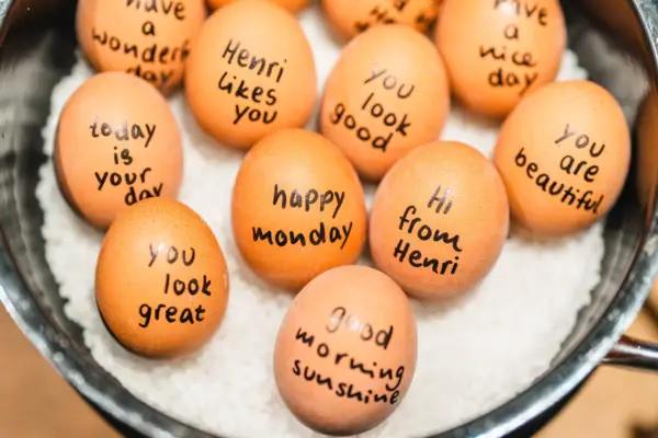 Boiled eggs with funny HENRI sayings