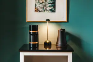 A framed picture on a wall.