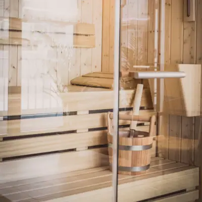 Wooden bucket in a sauna