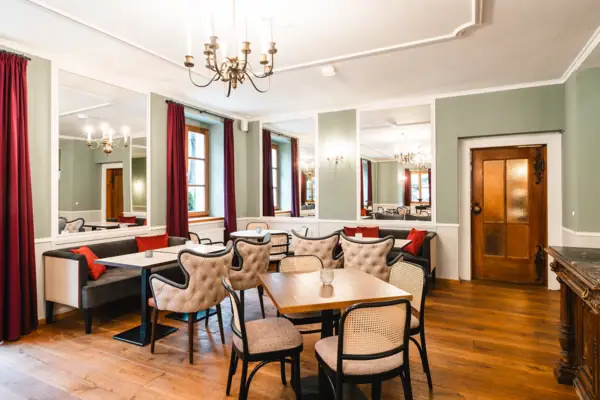 A room with tables and chairs.