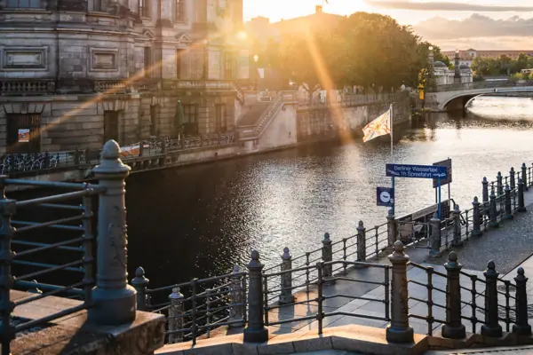 A building next to a river.