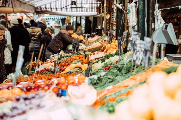 Market with many fruit and vegetable stands