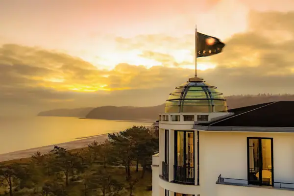 A flag on a building.