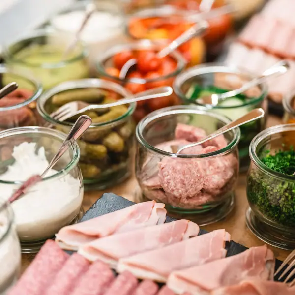 A table with various dishes.