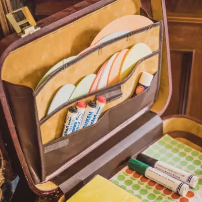 Briefcase with markers and paper.
