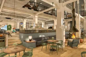 A room with tables and chairs.