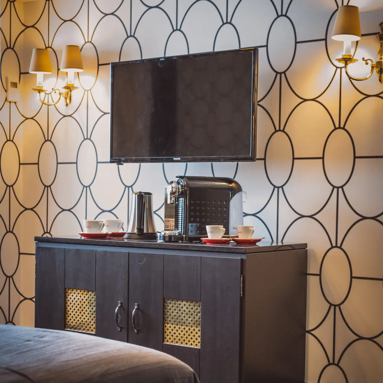 A television on a cabinet.