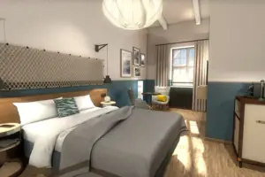 Bedroom with bed and chair, stylishly furnished.