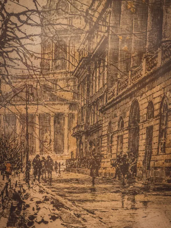 Picture in the HENRI hotel room A drawing of people walking down a street.