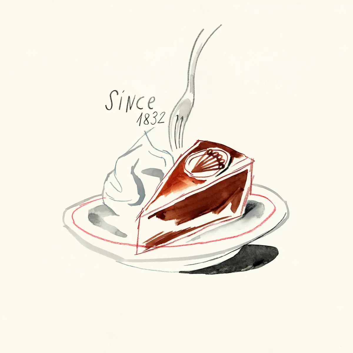 A piece of cake on a plate, drawn.