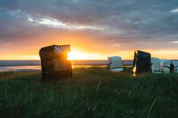 Beach chairs in Cuxhaven, set against a grassy area with the sunset in the background.