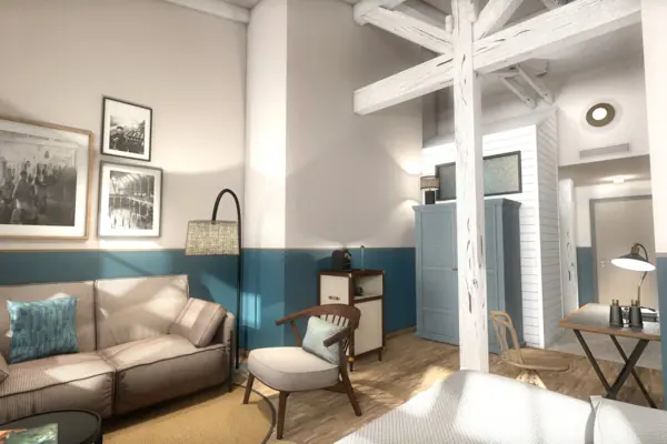 A room with a couch and a lamp.