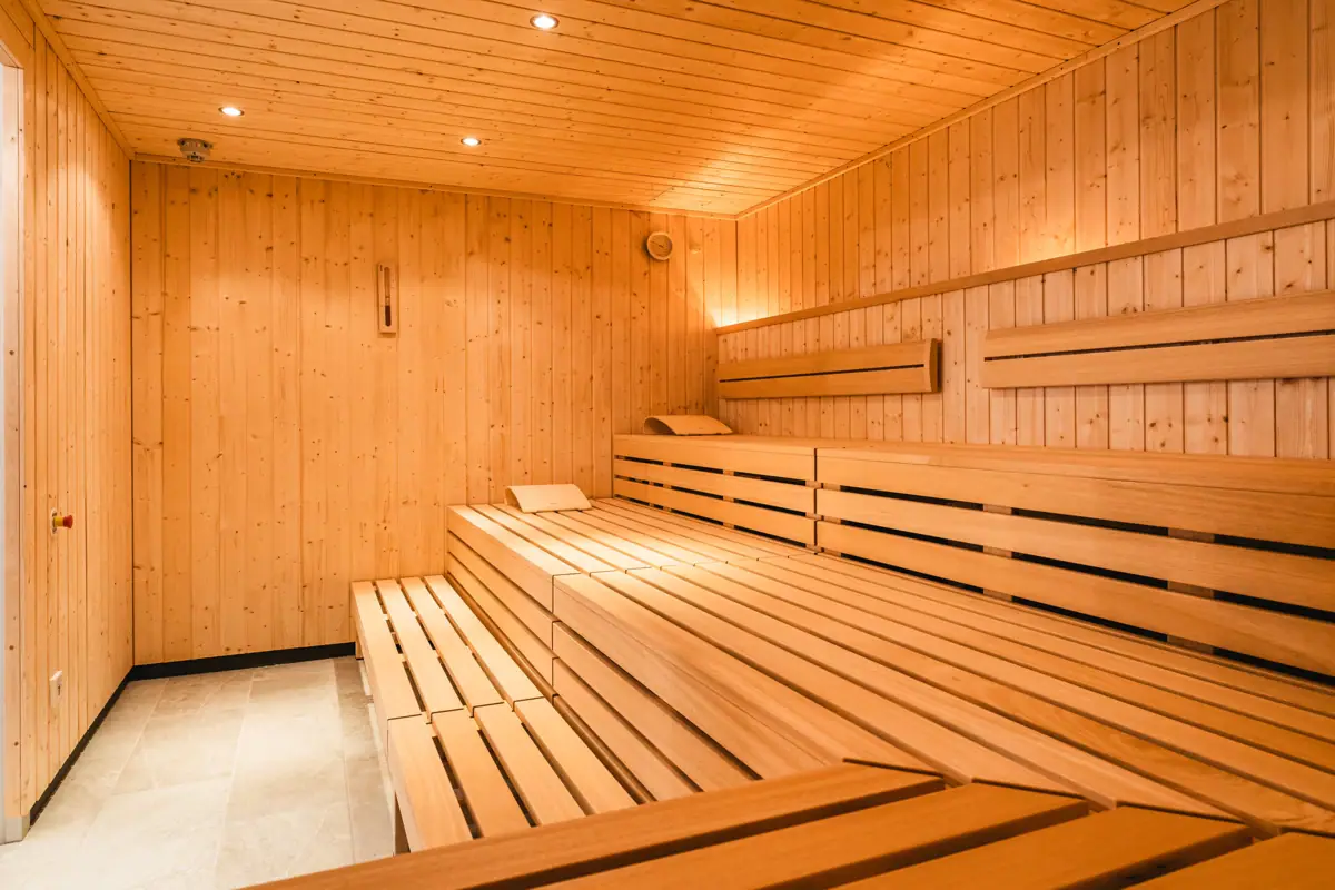 Wooden sauna with lighting