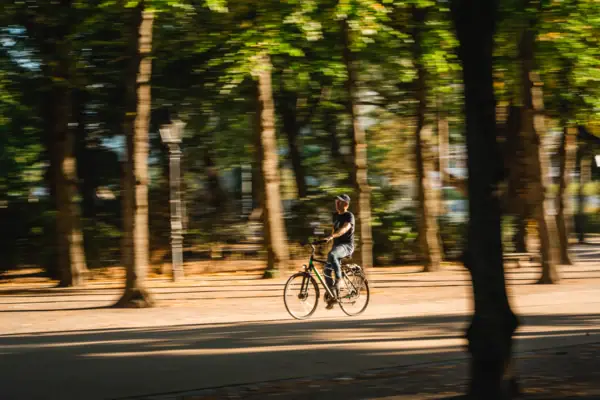 A person is cycling through a park.