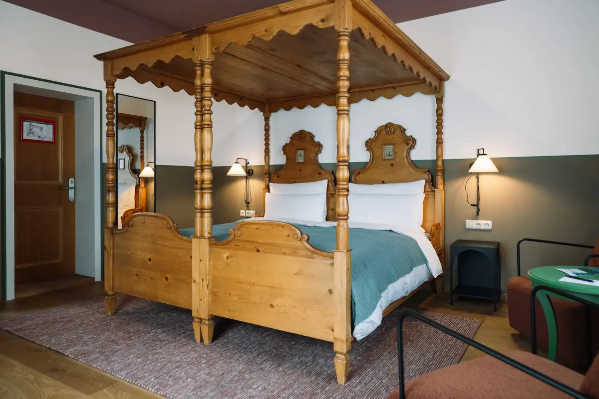 A bed in a bedroom.