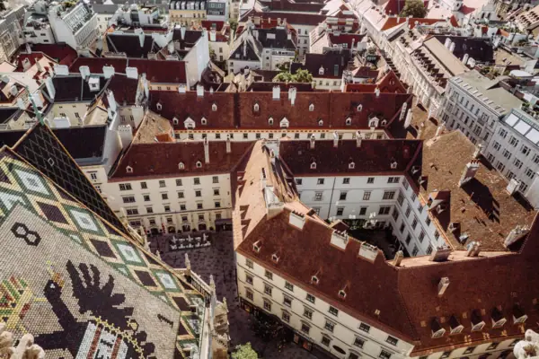 Aerial view of a city with buildings and houses.