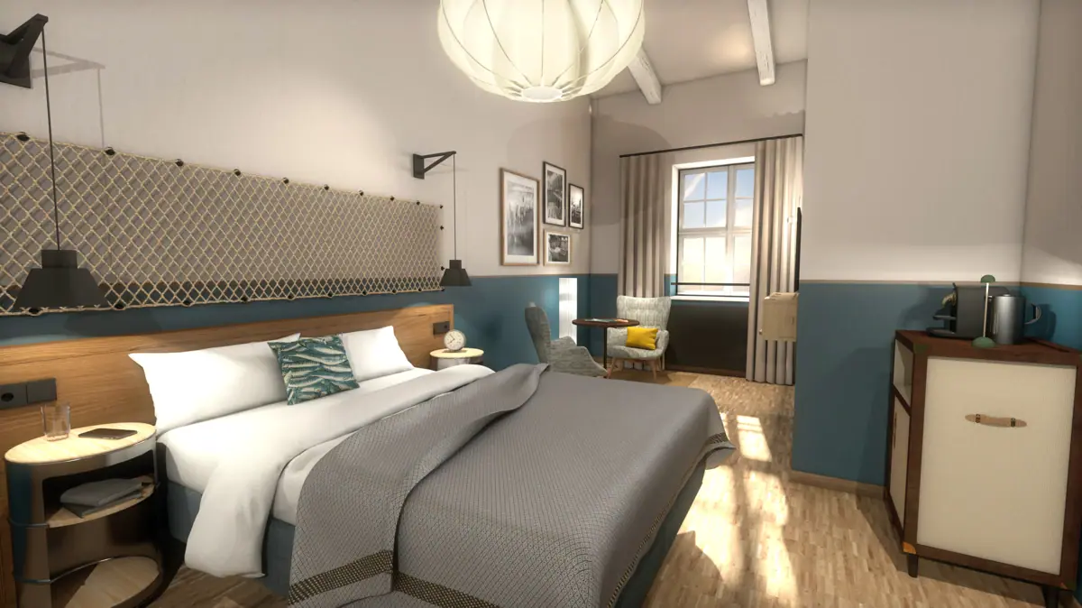 A bedroom featuring a neatly made bed and an upholstered chair.