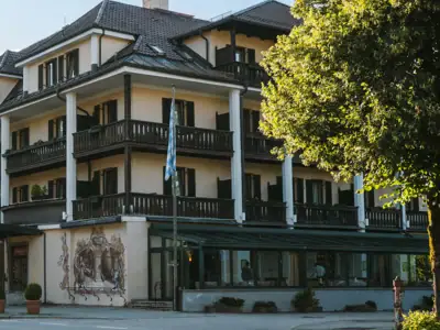 Sonnenuntergang über einem Gewässer, umgeben von Bäumen und Gras.