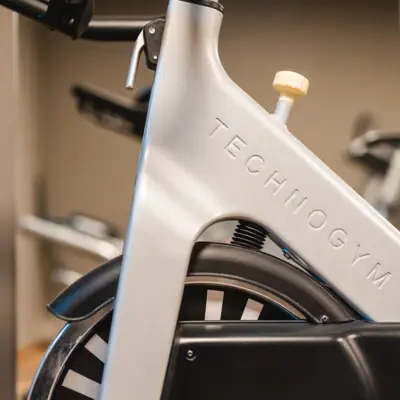 Close-up of an exercise bike.