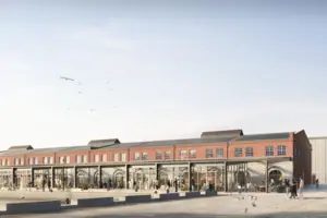 A building with people in the foreground.