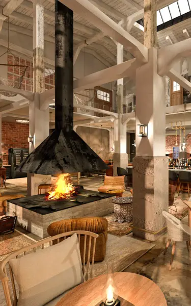 A room with tables, chairs and a fireplace.