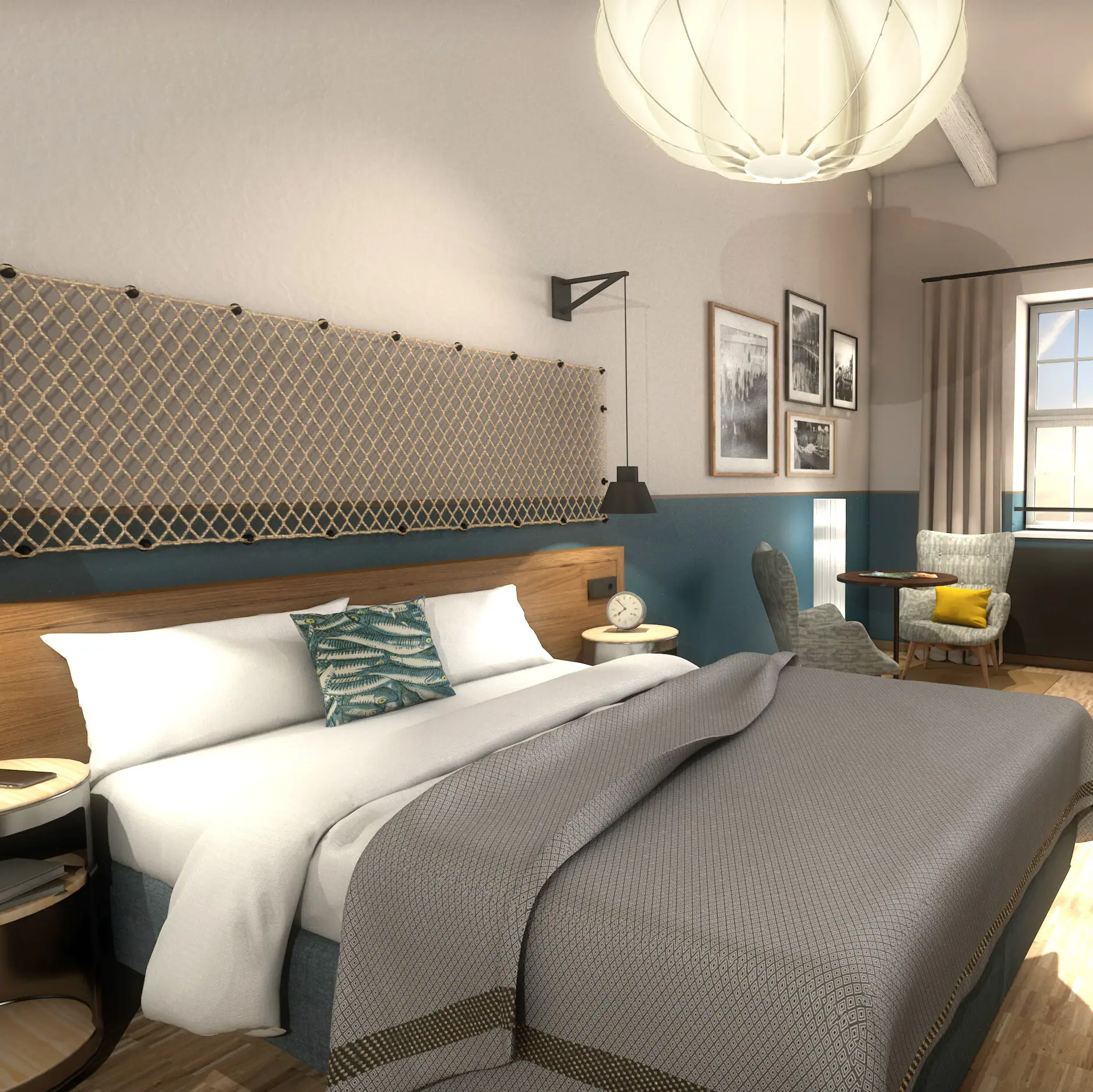 Bedroom at the HENRI Hotel in Cuxhaven, featuring a bed and a chair