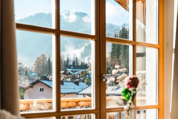 A window with a view of a mountain range and a vase of flowers on a table.