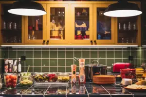 Kitchen counter with dishes and sauces