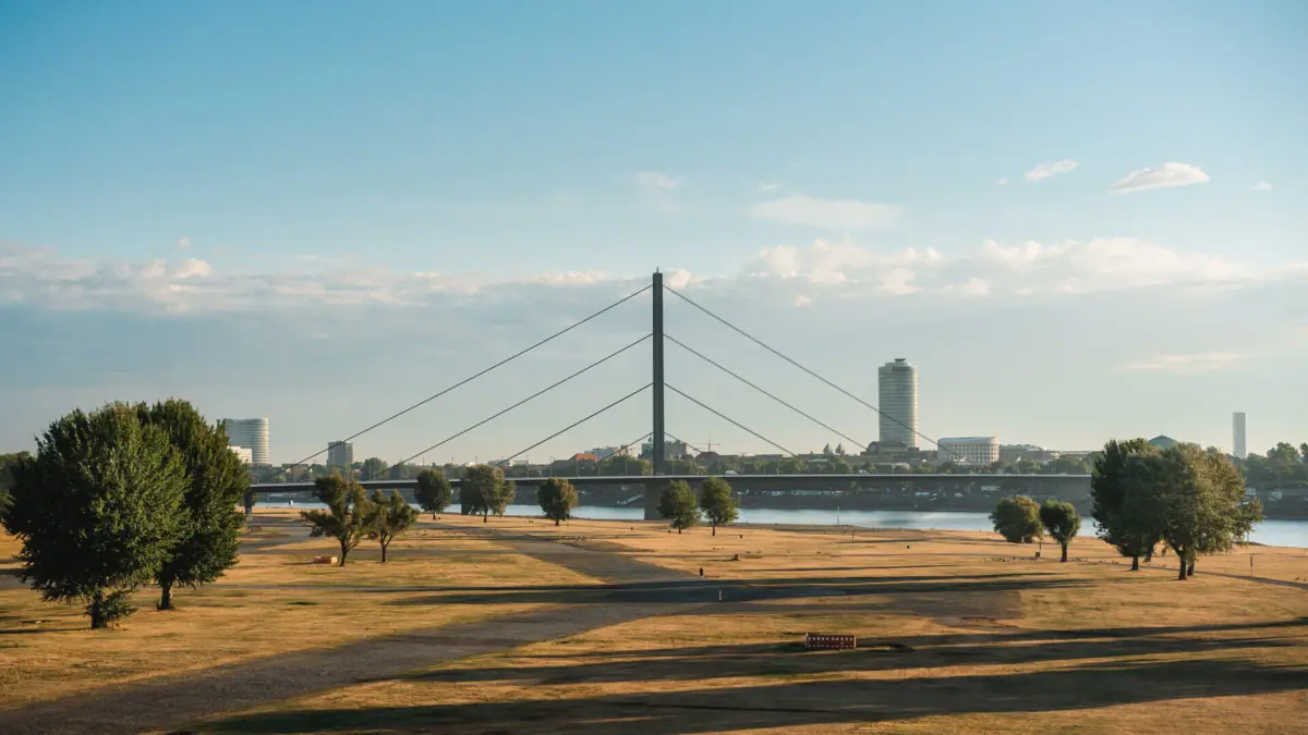 A cable-stayed bridge over a river.
