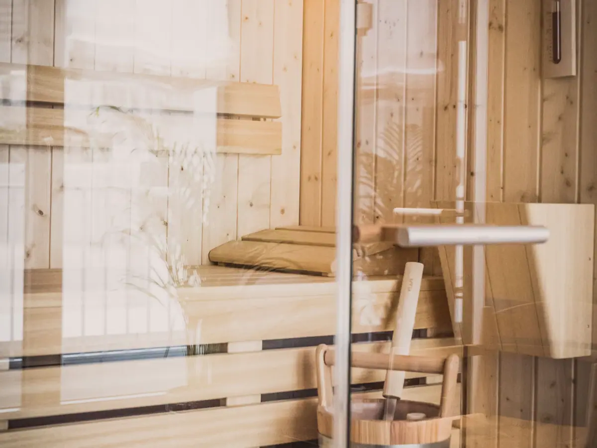 A wooden bucket in a sauna.