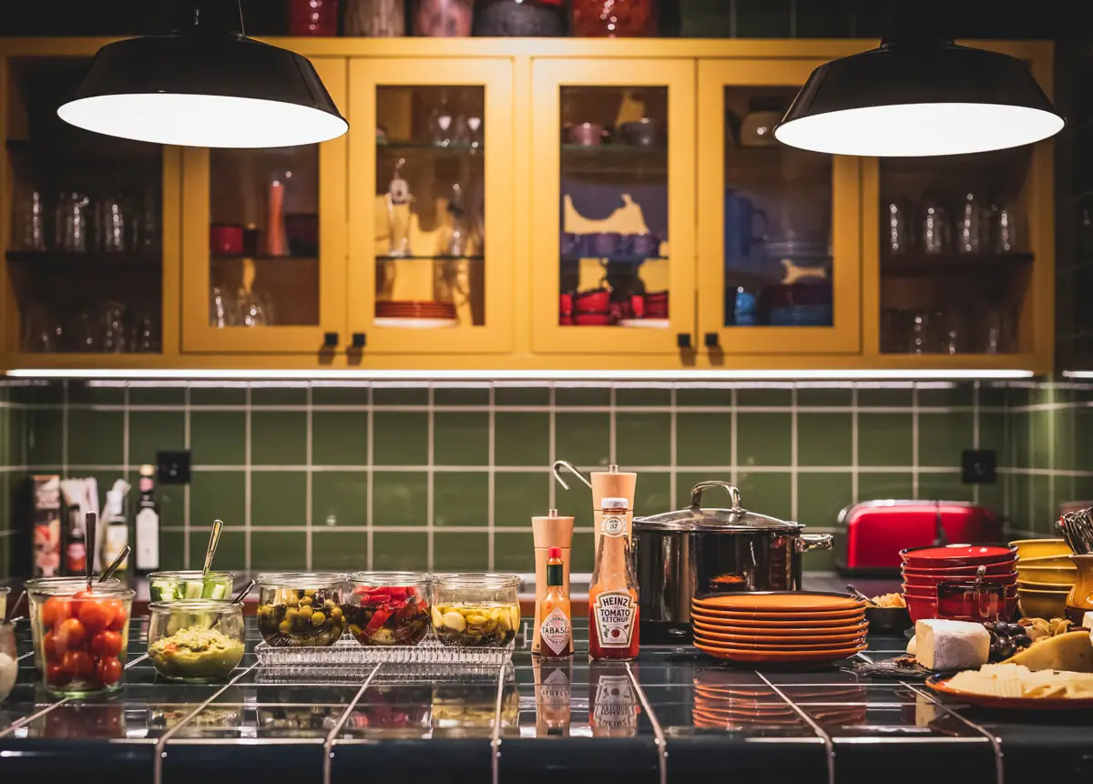Kitchen counter with food and sauces