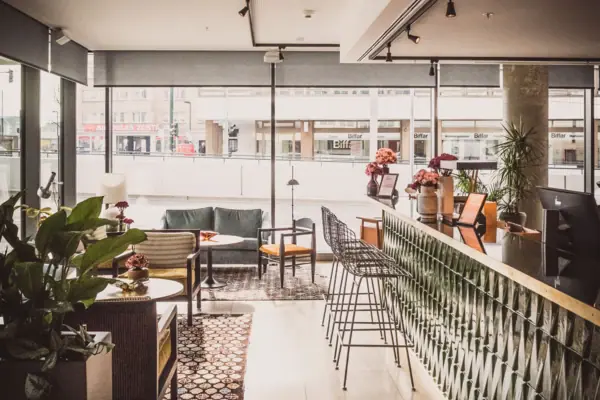 A room with a bar and chairs, featuring furniture and houseplants.