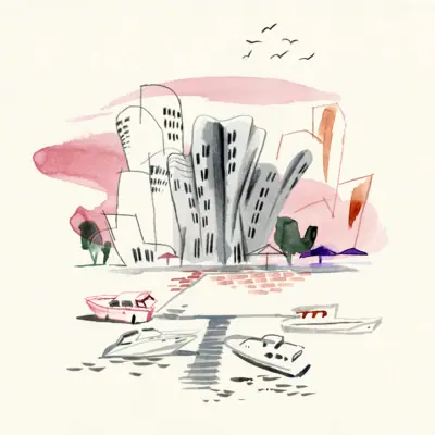 Watercolour drawing of the Düsseldorf Media Harbour