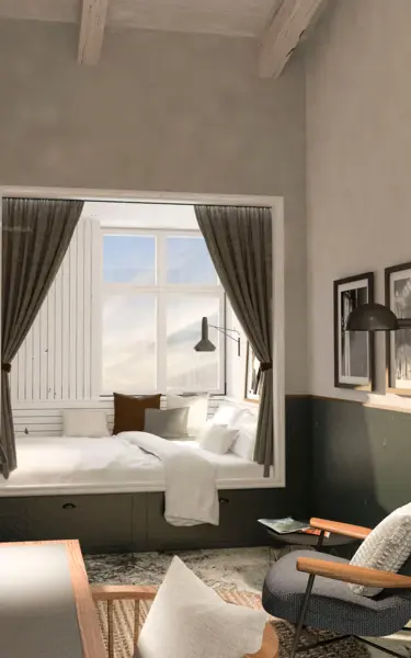 Interior of a room with a bed, a desk and a chair.