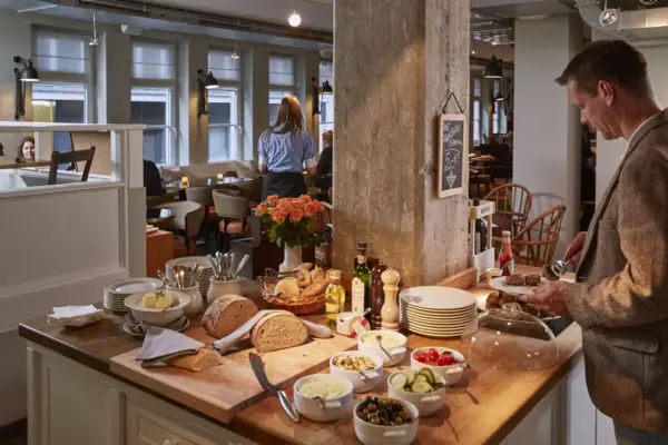A buffet with a variety of dishes.
