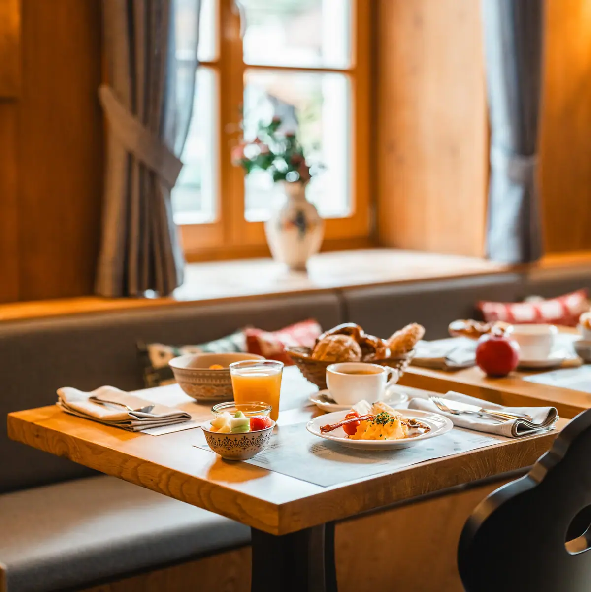 A table with breakfast on it.