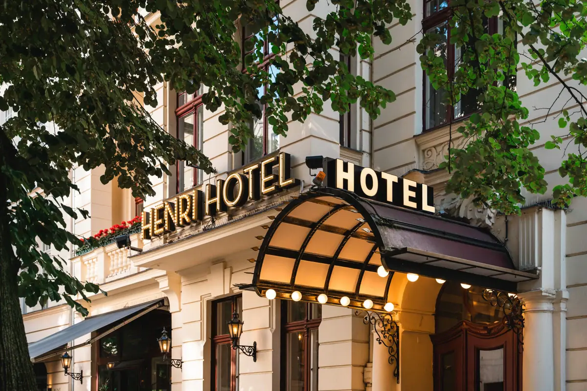 Hotel entrance at night with lighting