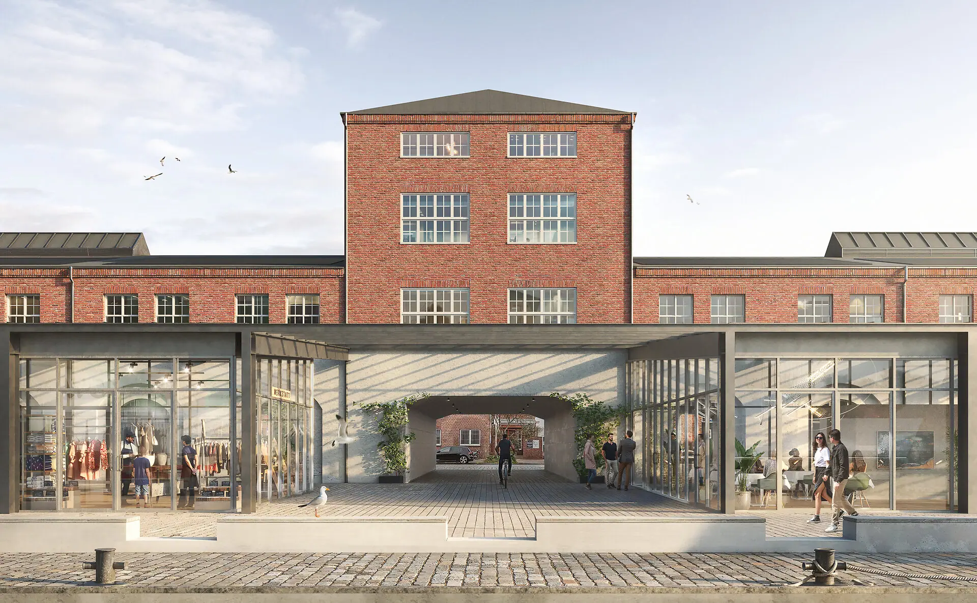 Building with glass doors and large windows.