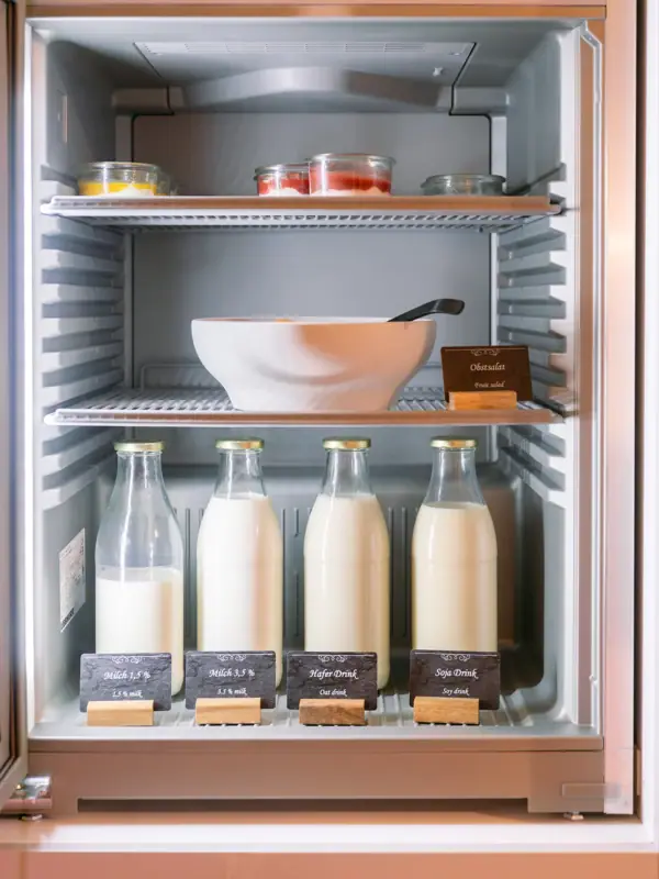 Refrigerator with a bowl and bottles of milk